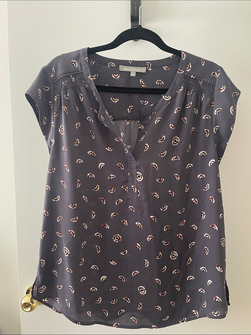 Daniel Rainn Charcoal Printed Cap-Sleeve Blouse with Pink Accents